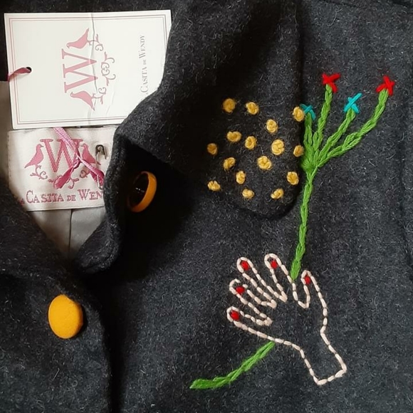 Ethical New Embroidered Wool Coat Gray La Casita De Wendy - Picture 3 of 3